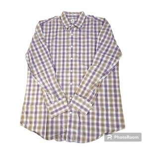 Peter Millar Men's Dress Shirt Large Plaid White Brown and White hidden button